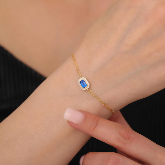 Rectangle Sapphire Bezel Bracelet in 8K/10K/14K Solid Gold Surrounded with Real Diamonds, October Birthstone Jewelry