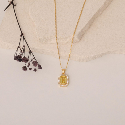 Rectangle Yellow Topaz Bezel Necklace in 8K/10K/14K Solid Gold Surrounded with Real Diamonds, Birthstone Jewelry