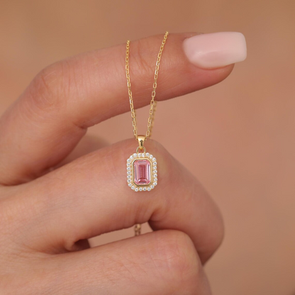 Rectangle Pink Tourmaline Bezel Necklace in 8K/10K/14K Solid Gold Surrounded with Real Diamonds, October Birthstone Jewelry