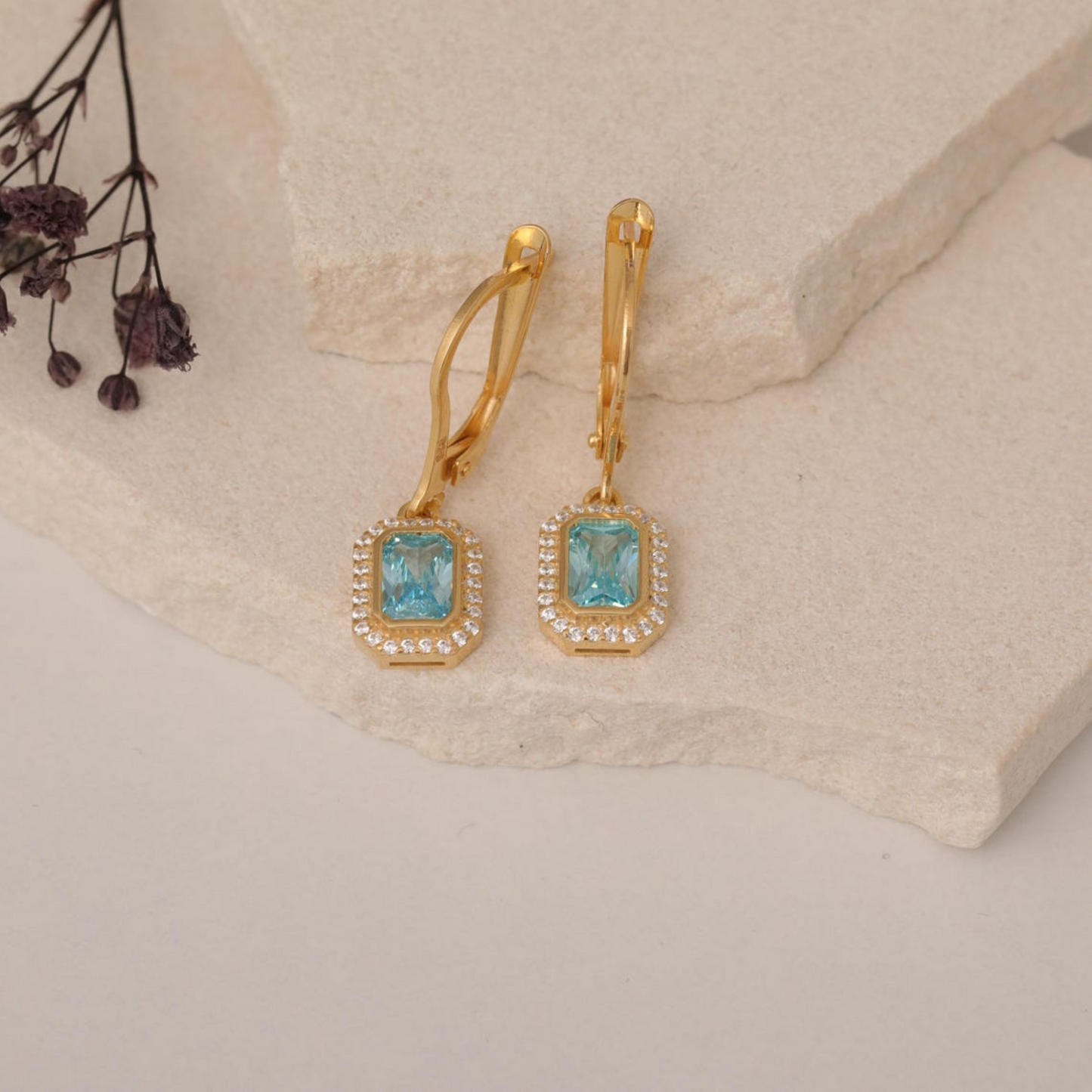 Rectangle Aquamarine Bezel Dangle Earrings in 8K/10K/14K Solid Gold Surrounded with Real Diamonds, March Birthstone Jewelry