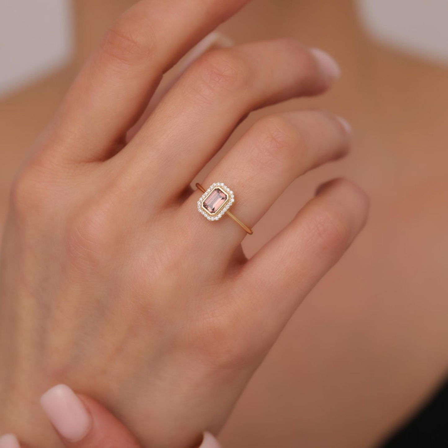 Rectangle Smoky Quartz Bezel Ring in 14K Solid Gold Surrounded with Real Diamonds, Birthstone Jewelry