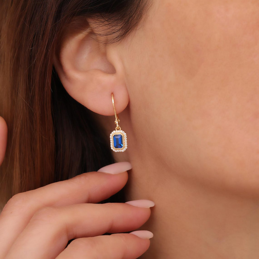 Rectangle Sapphire Bezel Dangle Earrings in 8K/10K/14K Solid Gold Surrounded with Real Diamonds, September Birthstone Jewelry