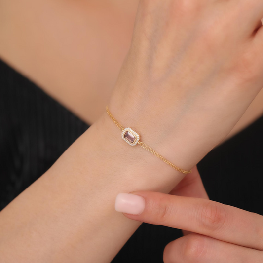 Rectangle Smoky Quartz Bezel Bracelet in 8K/10K/14K Solid Gold Surrounded with Real Diamonds, Birthstone Jewelry