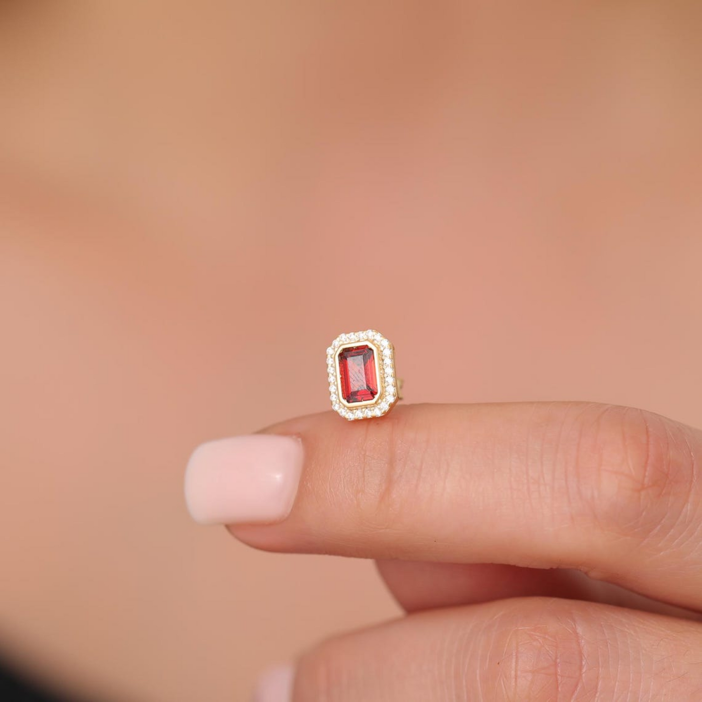 Rectangle Garnet Bezel Stud Earrings in 10K/14K Solid Gold Surrounded with Real Diamonds, January Birthstone Jewelry