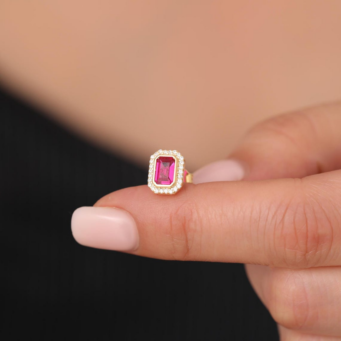 Rectangle Ruby Bezel Stud Earrings in 10K/14K Solid Gold Surrounded with Real Diamonds, July  Birthstone Jewelry