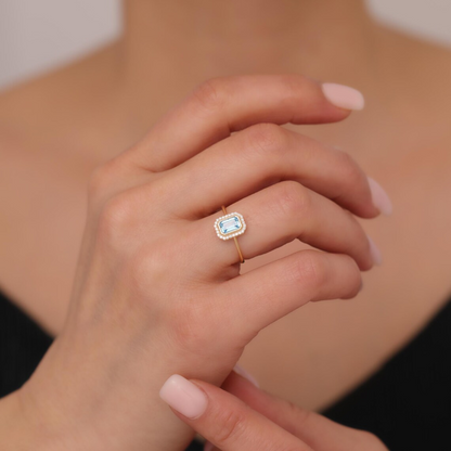 Rectangle Blue Topaz Bezel Ring in 14K Solid Gold Surrounded with Real Diamonds, December Birthstone Jewelry