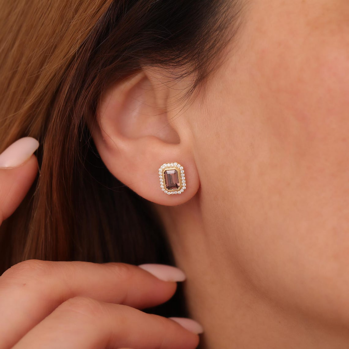 Rectangle Smoky Quartz Bezel Stud Earrings in 10K/14K Solid Gold Surrounded with Real Diamonds, Birthstone Jewelry