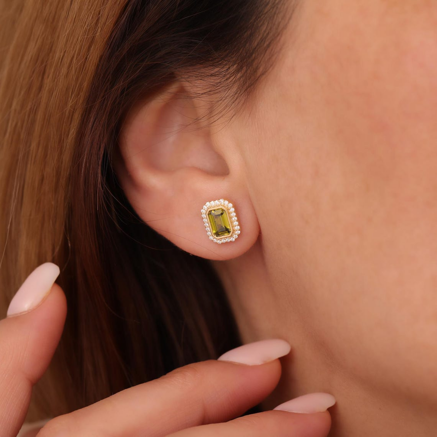 Rectangle Peridot Bezel Stud Earrings in 10K/14K Solid Gold Surrounded with Real Diamonds, August Birthstone Jewelry