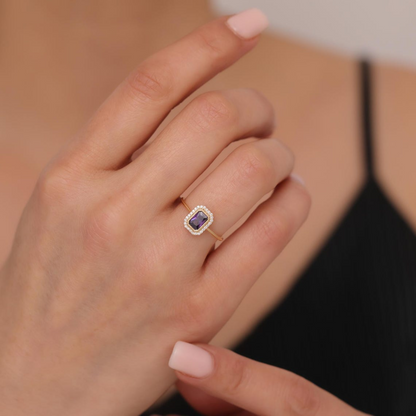 Rectangle Amethyst Bezel Ring in 14K Solid Gold Surrounded with Real Diamonds, February Birthstone Jewelry