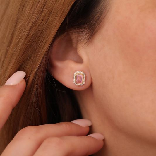 Rectangle Pink Tourmaline Bezel Stud Earrings in 10K/14K Solid Gold Surrounded with Real Diamonds, October Birthstone Jewelry