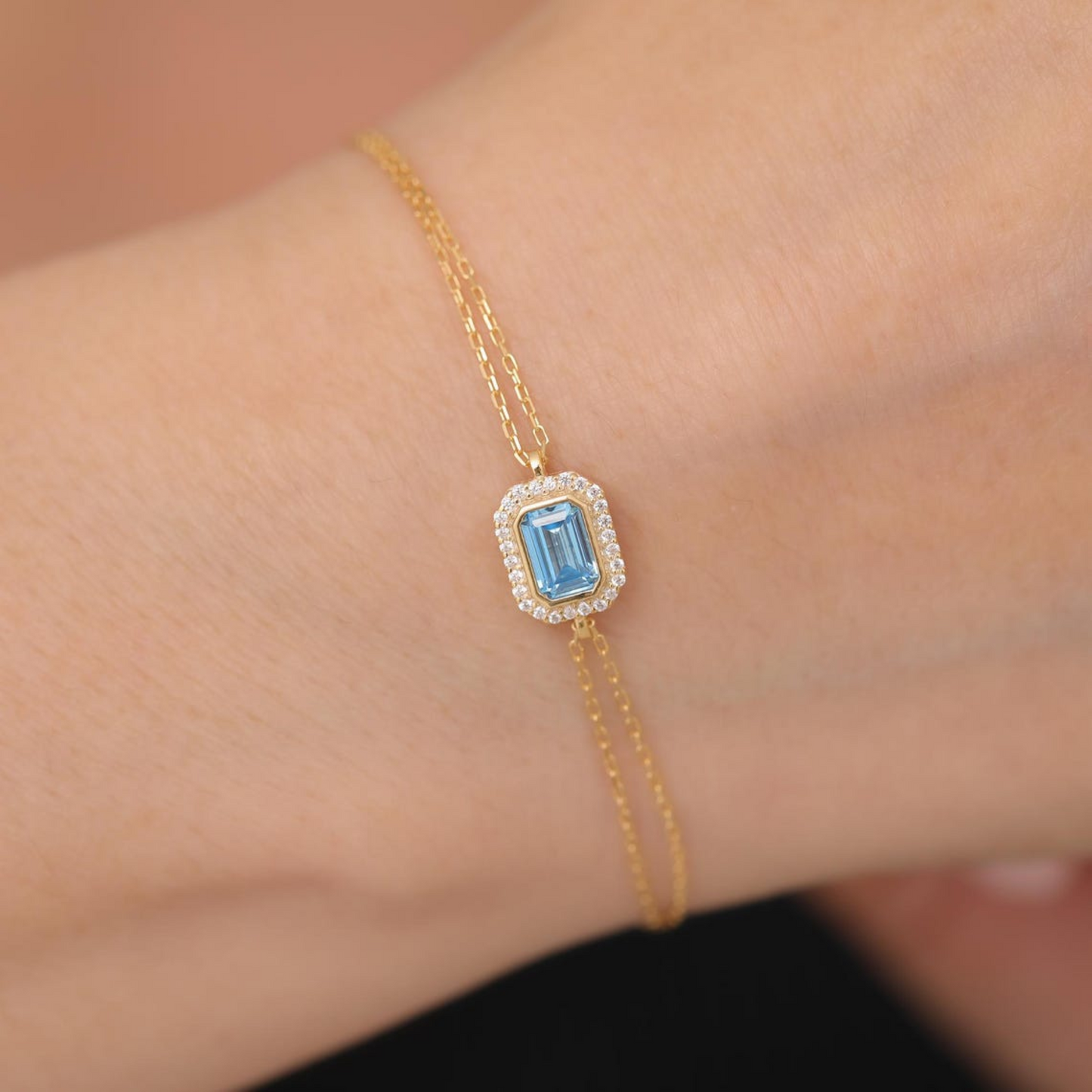 Rectangle Blue Topaz Bezel Bracelet in 8K/10K/14K Solid Gold Surrounded with Real Diamonds, December Birthstone Jewelry