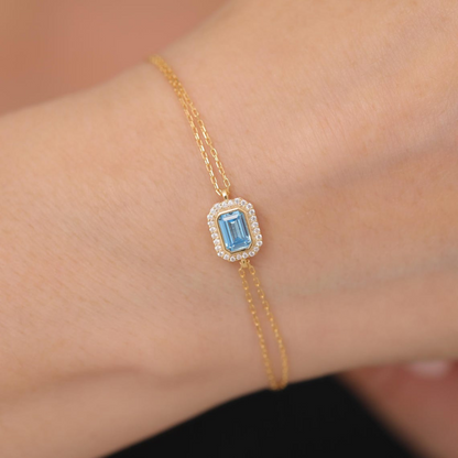 Rectangle Blue Topaz Bezel Bracelet in 8K/10K/14K Solid Gold Surrounded with Real Diamonds, December Birthstone Jewelry