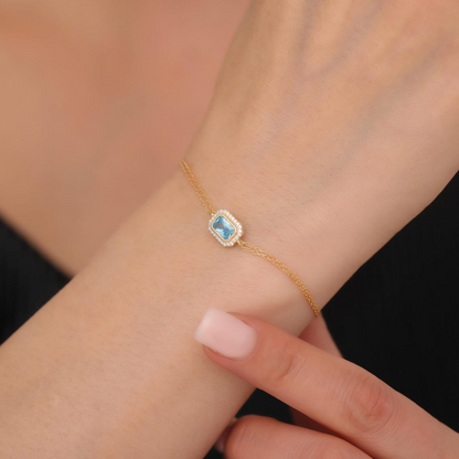 Rectangle Aquamarine Bezel Bracelet in 8K/10K/14K Solid Gold Surrounded with Real Diamonds, March Birthstone Jewelry