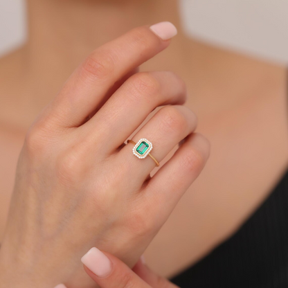 Rectangle Emerald Bezel Ring in 14K Solid Gold Surrounded with Real Diamonds, May Birthstone Jewelry