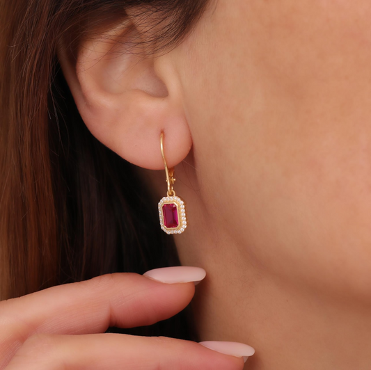 Rectangle Ruby Bezel Dangle Earrings in 8K/10K/14K Solid Gold Surrounded with Real Diamonds, July Birthstone Jewelry