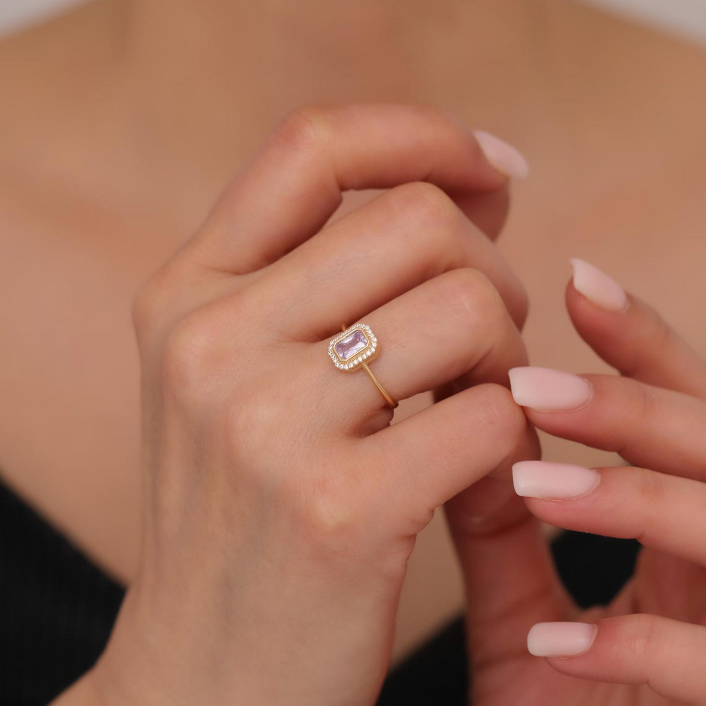 Rectangle Alexandrite Bezel Ring in 14K Solid Gold Surrounded with Real Diamonds, June Birthstone Jewelry