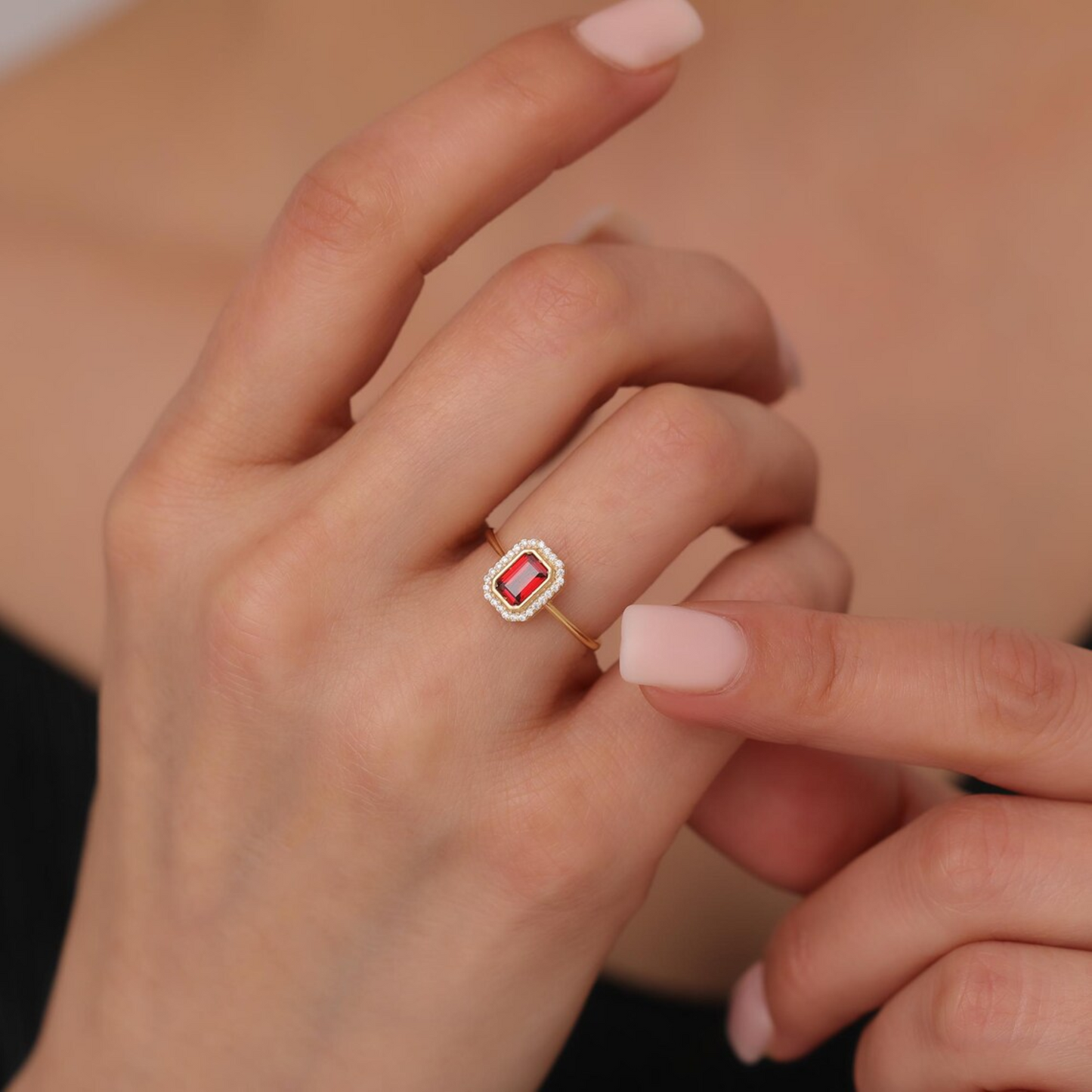 Rectangle Garnet Bezel Ring in 14K Solid Gold Surrounded with Real Diamonds, January Birthstone Jewelry