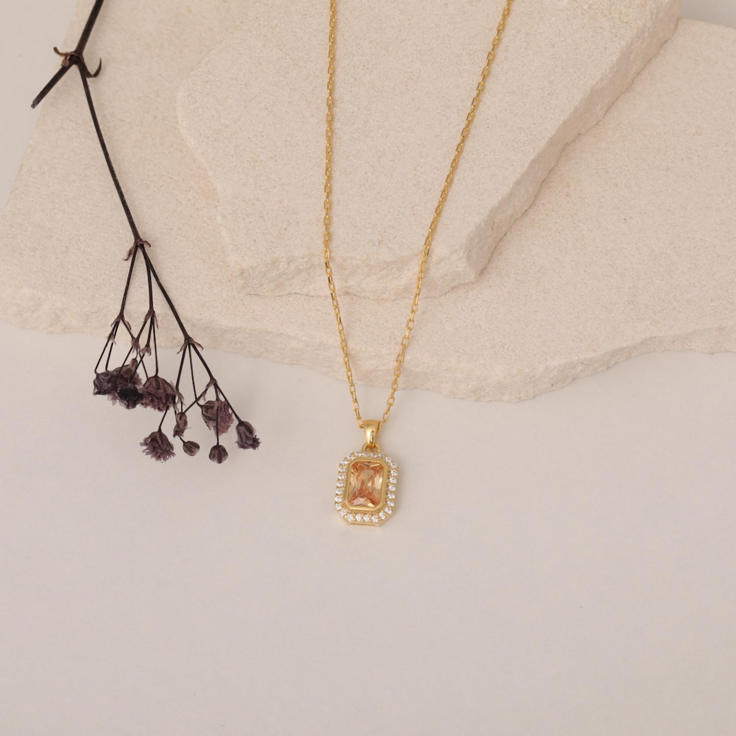 Rectangle Citrine Bezel Necklace in 8K/10K/14K Solid Gold Surrounded with Real Diamonds, November Birthstone Jewelry