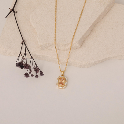 Rectangle Citrine Bezel Necklace in 8K/10K/14K Solid Gold Surrounded with Real Diamonds, November Birthstone Jewelry