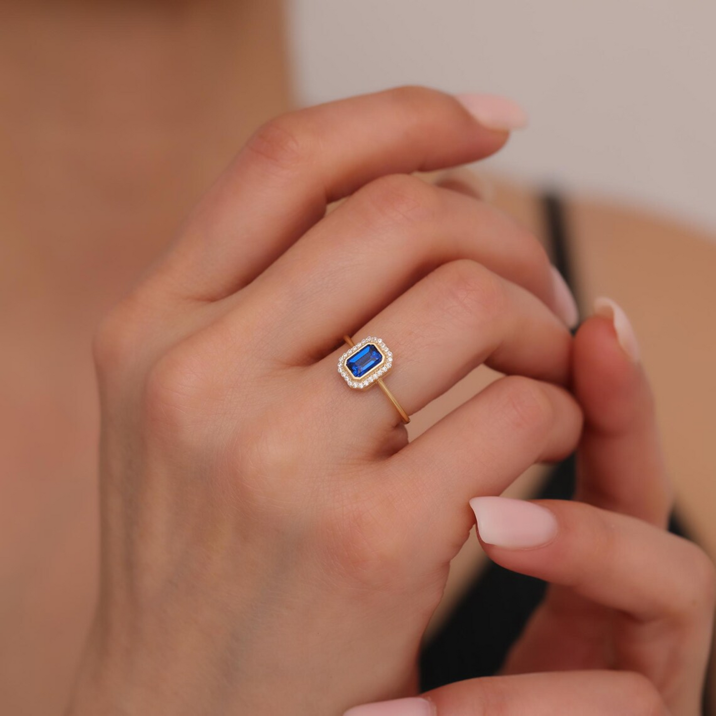 Rectangle Sapphire Bezel Ring in 14K Solid Gold Surrounded with Real Diamonds, September Birthstone Jewelry