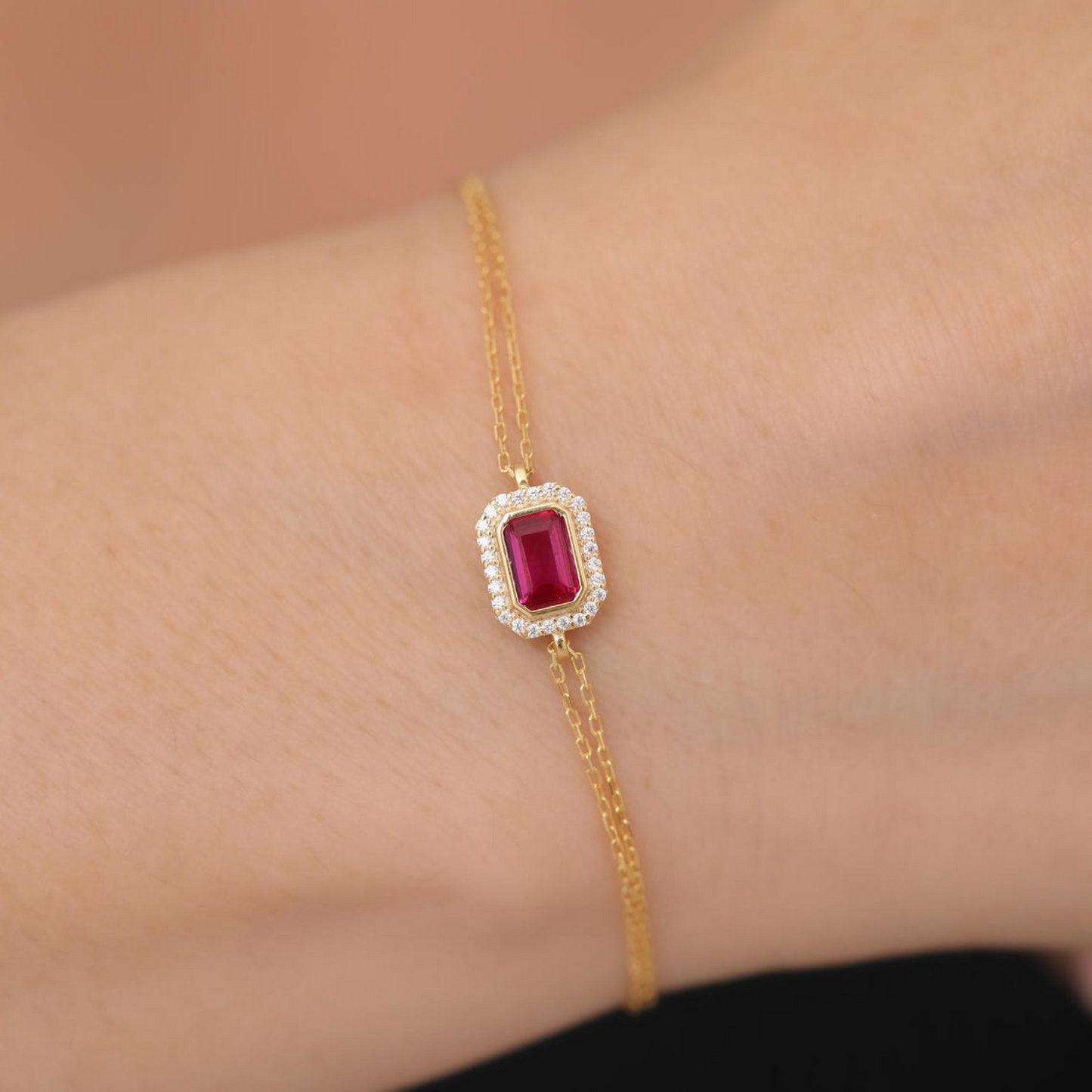 Rectangle Ruby Bezel Bracelet in 8K/10K/14K Solid Gold Surrounded with Real Diamonds, July Birthstone Jewelry