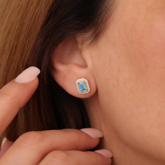 Rectangle Blue Topaz Bezel Stud Earrings in 10K/14K Solid Gold Surrounded with Real Diamonds, December Birthstone Jewelry