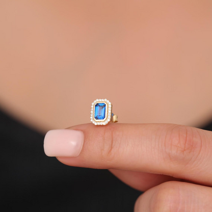 Rectangle Sapphire Bezel Stud Earrings in 10K/14K Solid Gold Surrounded with Real Diamonds, September Birthstone Jewelry