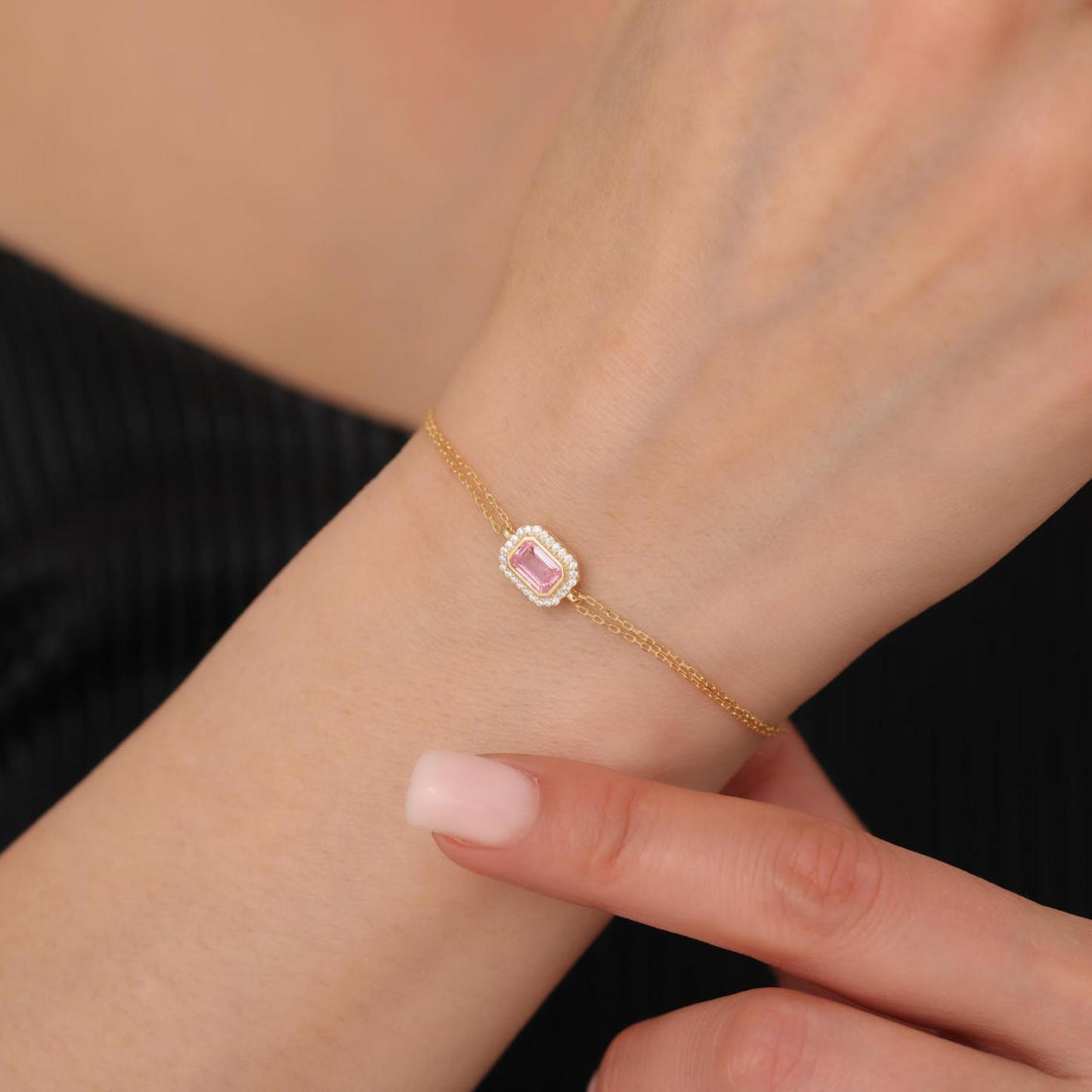 Rectangle Pink Tourmaline Bezel Bracelet in 8K/10K/14K Solid Gold Surrounded with Real Diamonds, October Birthstone Jewelry
