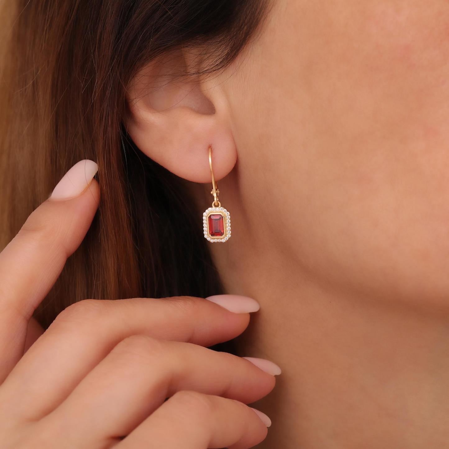 Rectangle Garnet Bezel Dangle Earrings in 8K/10K/14K Solid Gold Surrounded with Real Diamonds, January Birthstone Jewelry