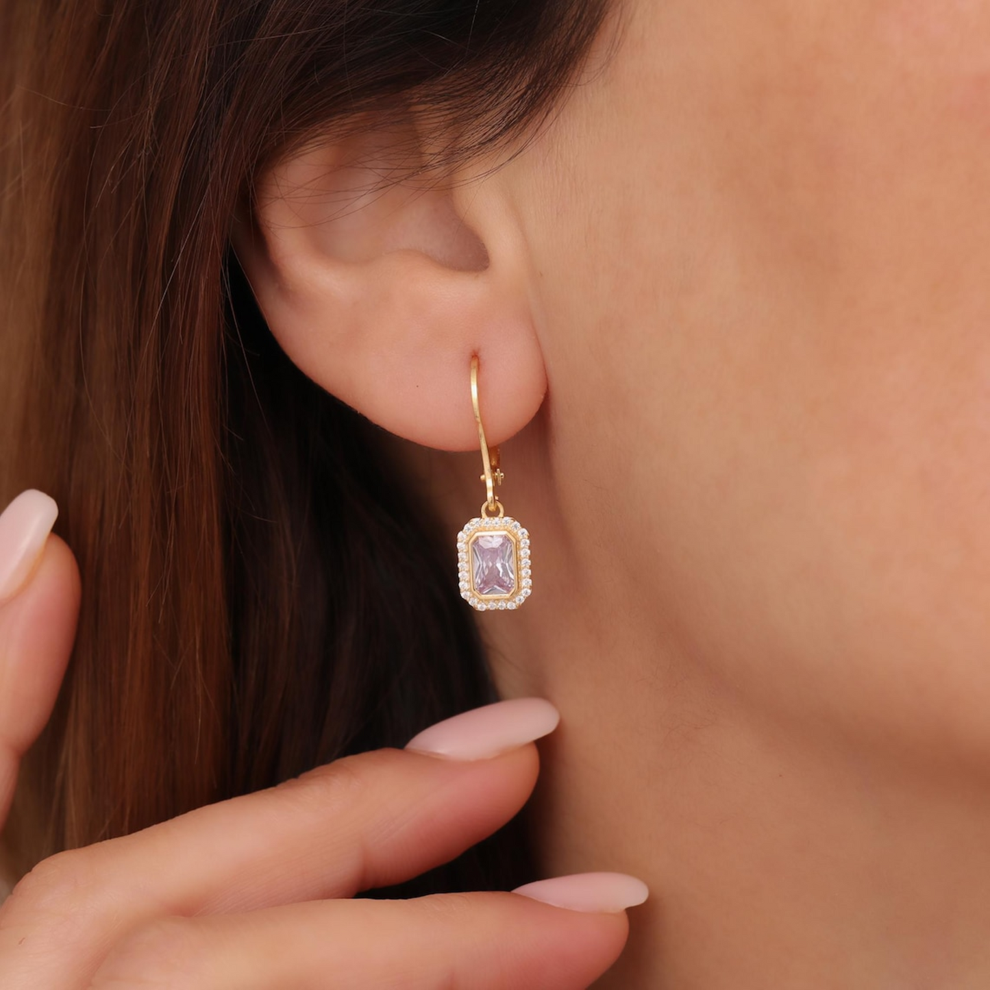 Rectangle Alexandrite Bezel Dangle Earrings in 8K/10K/14K Solid Gold Surrounded with Real Diamonds, June Birthstone Jewelry