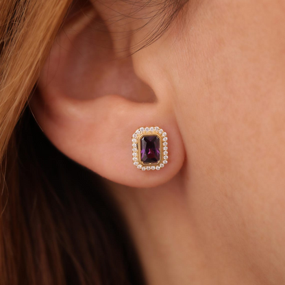 Rectangle Amethyst Bezel Stud Earrings in 10K/14K Solid Gold Surrounded with Real Diamonds, February Birthstone Jewelry