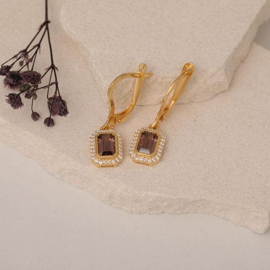 Rectangle Smoky Quartz Bezel Dangle Earrings in 8K/10K/14K Solid Gold Surrounded with Real Diamonds, Birthstone Jewelry