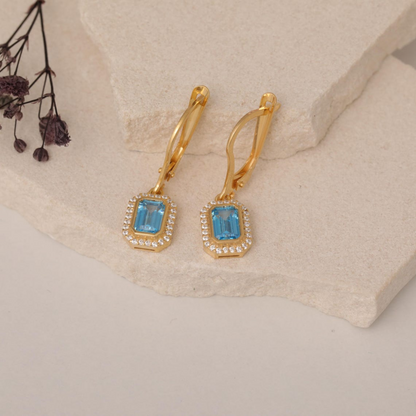 Rectangle Blue Topaz Bezel Dangle Earrings in 8K/10K/14K Solid Gold Surrounded with Real Diamonds, December Birthstone Jewelry