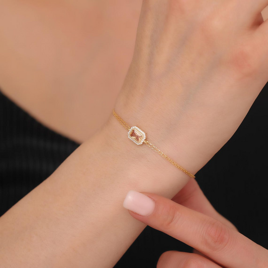 Rectangle Citrine Bezel Bracelet in 8K/10K/14K Solid Gold Surrounded with Real Diamonds, November Birthstone Jewelry