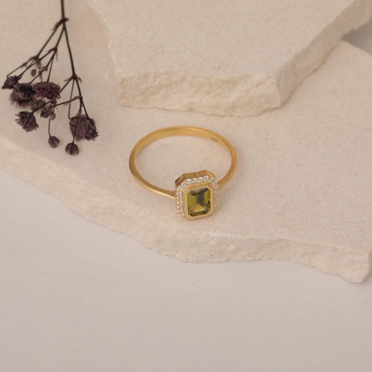 Rectangle Peridot Bezel Ring in 14K Solid Gold Surrounded with Real Diamonds, August Birthstone Jewelry