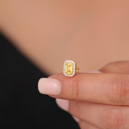 Rectangle Yellow Topaz Bezel Stud Earrings in 10K/14K Solid Gold Surrounded with Real Diamonds, Birthstone Jewelry