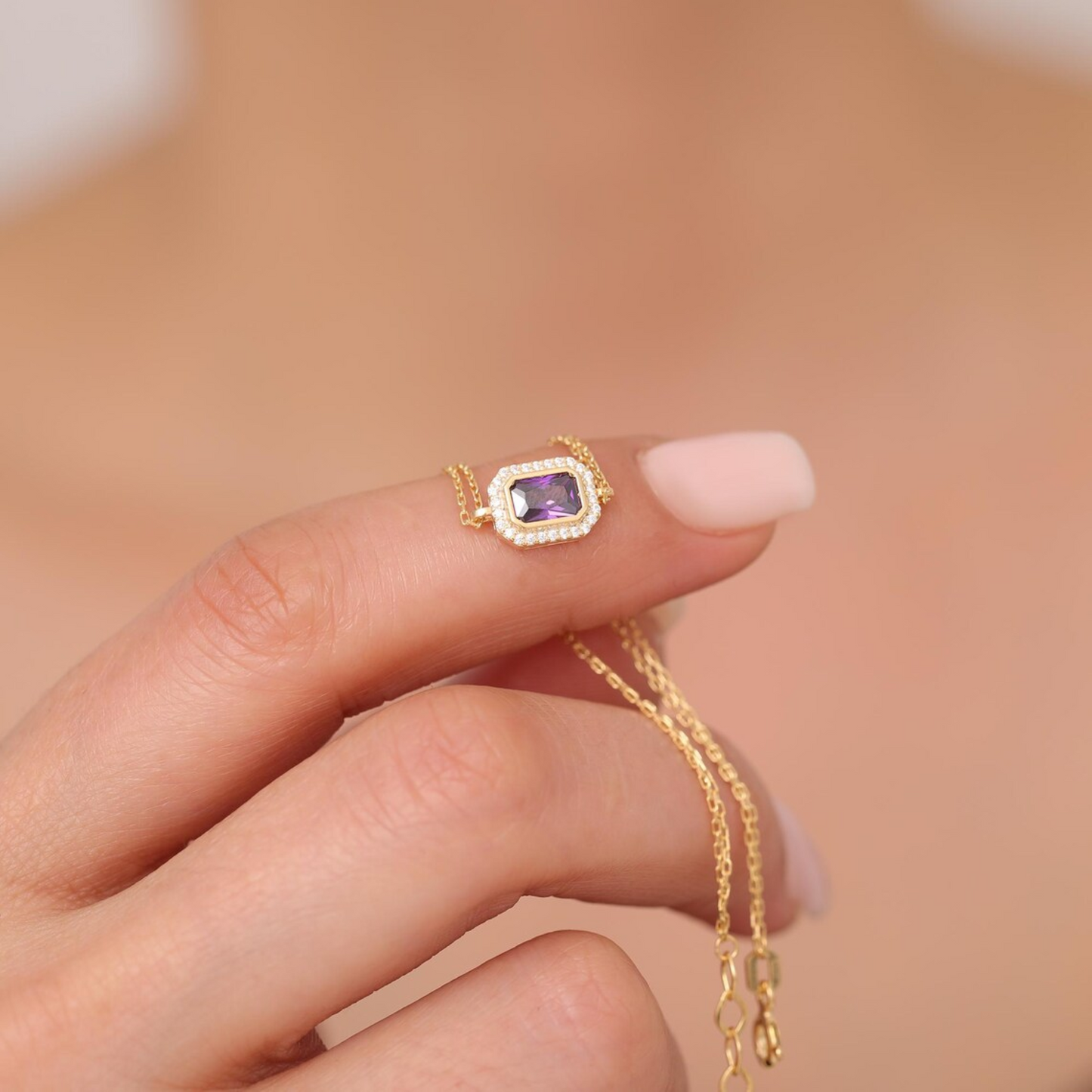 Rectangle Amethyst Bezel Bracelet in 8K/10K/14K Solid Gold Surrounded with Real Diamonds, February Birthstone Jewelry