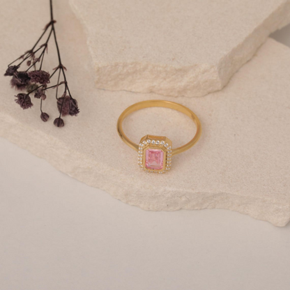 Rectangle Pink Tourmaline Bezel Ring in 14K Solid Gold Surrounded with Real Diamonds, October Birthstone Jewelry
