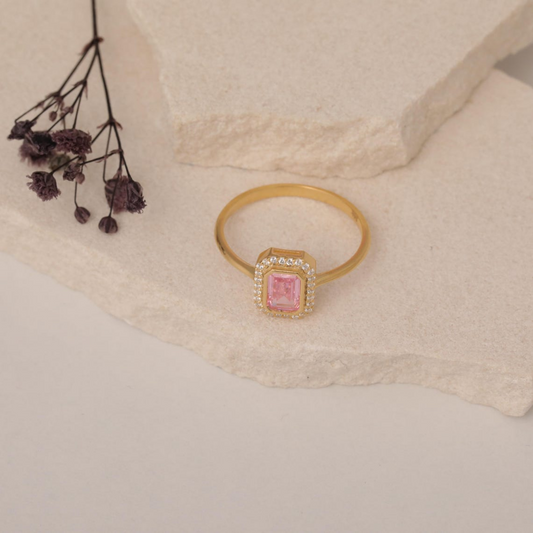 Rectangle Pink Tourmaline Bezel Ring in 14K Solid Gold Surrounded with Real Diamonds, October Birthstone Jewelry
