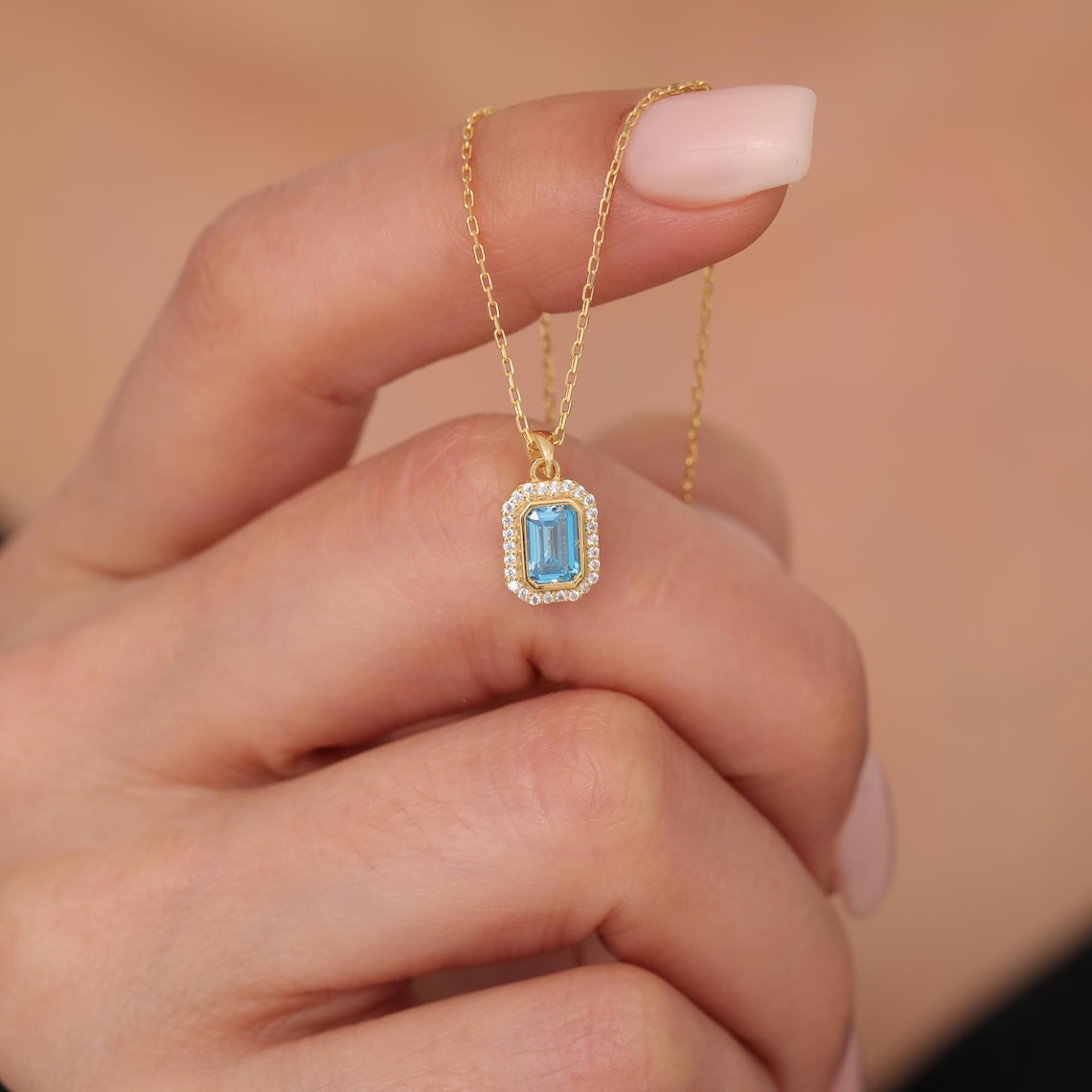 Rectangle Blue Topaz Bezel Necklace in 8K/10K/14K Solid Gold Surrounded with Real Diamonds, December Birthstone Jewelry