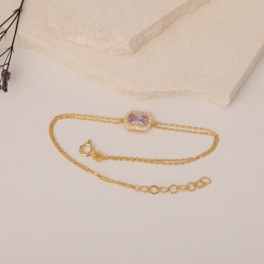 Rectangle Alexandrite Bezel Bracelet in 8K/10K/14K Solid Gold Surrounded with Real Diamonds, June Birthstone Jewelry