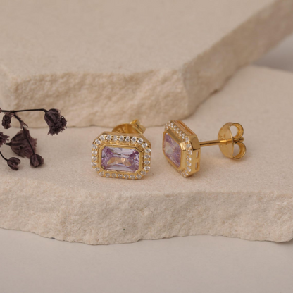 Rectangle Alexandrite Bezel Stud Earrings in 10K/14K Solid Gold Surrounded with Real Diamonds, June Birthstone Jewelry