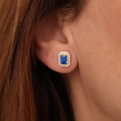 Rectangle Sapphire Bezel Stud Earrings in 10K/14K Solid Gold Surrounded with Real Diamonds, September Birthstone Jewelry
