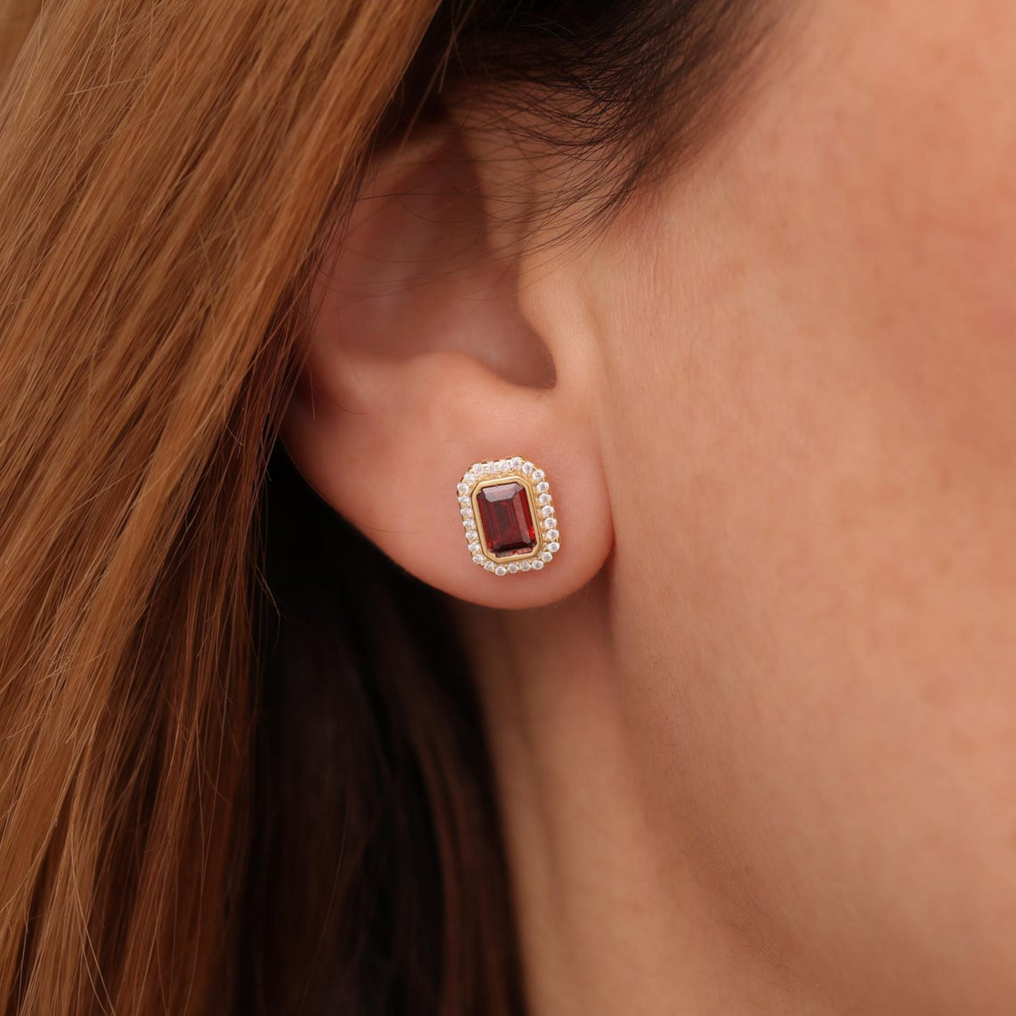 Rectangle Garnet Bezel Stud Earrings in 10K/14K Solid Gold Surrounded with Real Diamonds, January Birthstone Jewelry