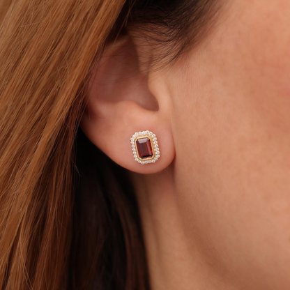 Rectangle Garnet Bezel Stud Earrings in 10K/14K Solid Gold Surrounded with Real Diamonds, January Birthstone Jewelry