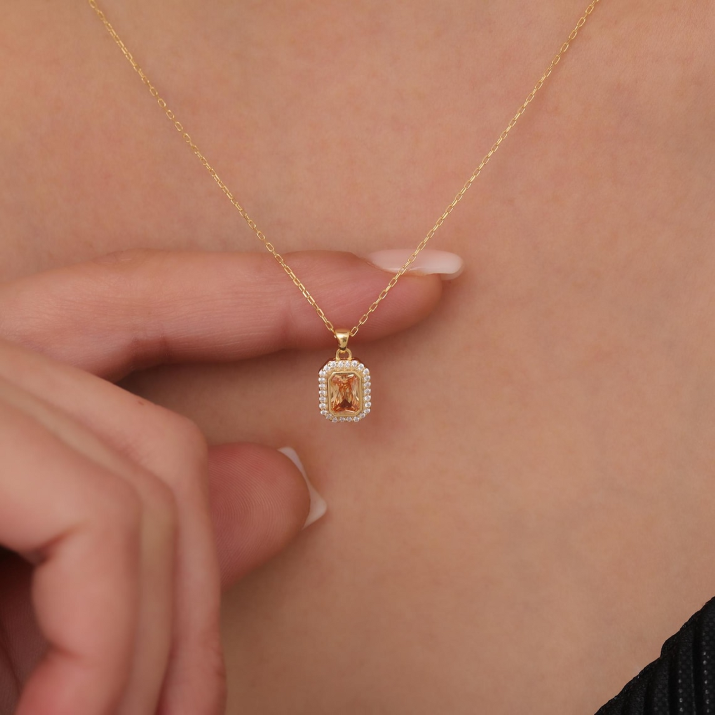 Rectangle Citrine Bezel Necklace in 8K/10K/14K Solid Gold Surrounded with Real Diamonds, November Birthstone Jewelry