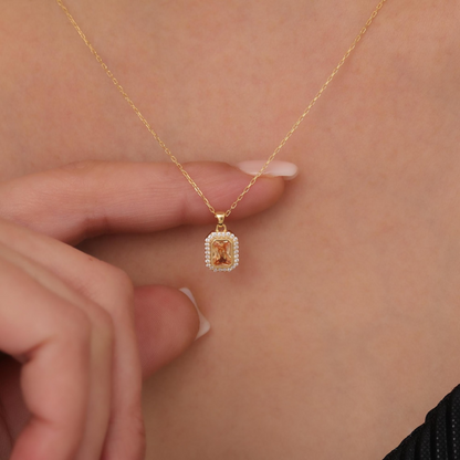 Rectangle Citrine Bezel Necklace in 8K/10K/14K Solid Gold Surrounded with Real Diamonds, November Birthstone Jewelry
