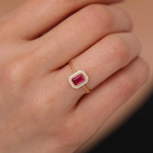 Rectangle Ruby Bezel Ring in 14K Solid Gold Surrounded with Real Diamonds, July Birthstone Jewelry