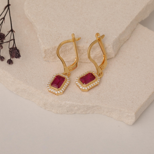 Rectangle Ruby Bezel Dangle Earrings in 8K/10K/14K Solid Gold Surrounded with Real Diamonds, July Birthstone Jewelry