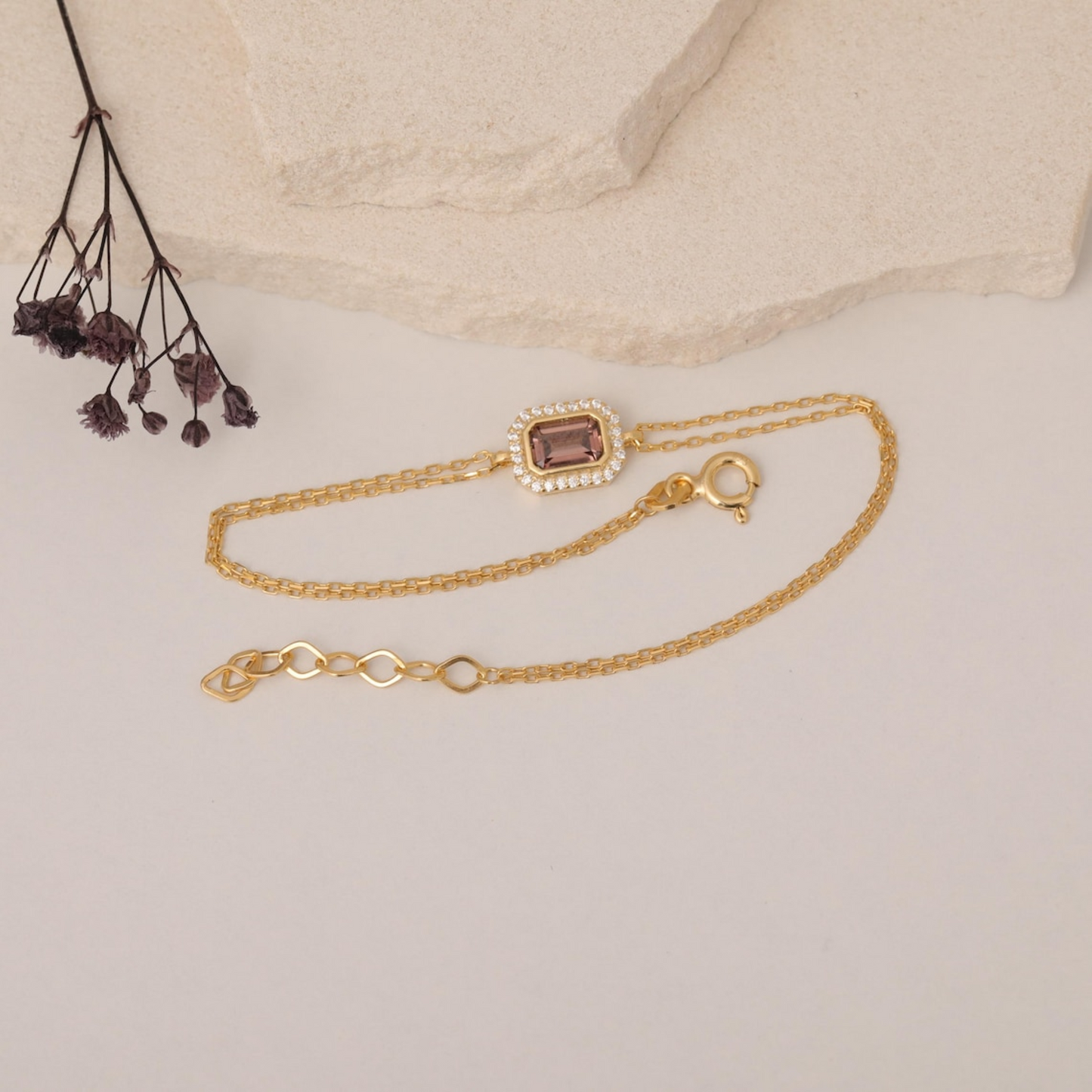 Rectangle Smoky Quartz Bezel Bracelet in 8K/10K/14K Solid Gold Surrounded with Real Diamonds, Birthstone Jewelry